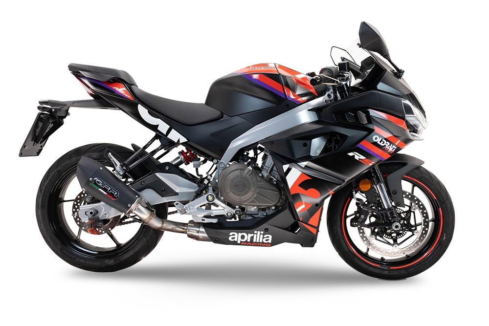 GPR exhaust compatible with  Aprilia RS 457 2024-2025, New Grand Prix Evo Black Titanium, full system exhaust legal for UK and non-EU countries including removable db killer 