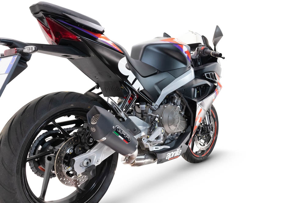 GPR exhaust compatible with  Aprilia RS 457 2024-2025, New Grand Prix Evo Black Titanium, full system exhaust legal for UK and non-EU countries including removable db killer 
