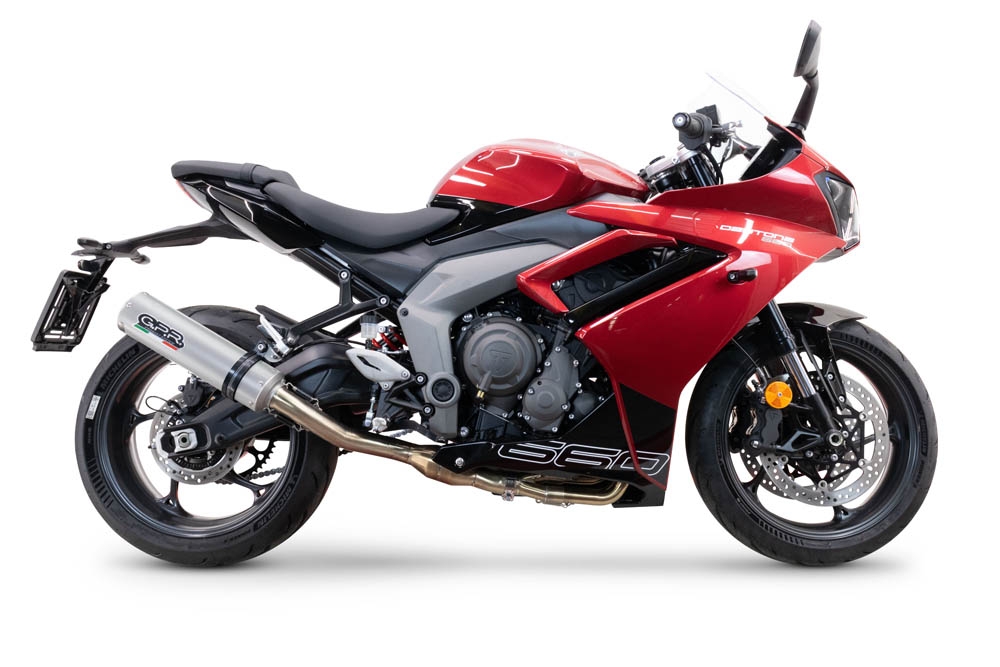 Egzoz ile uyumlu Triumph Daytona 660 2023-2025, M3 Inox , Yalnızca gürültü için onaylanan sistem, AB dışındaki pazarlar için geçerlidir Tam hat, susturucu artı toplayıcı 