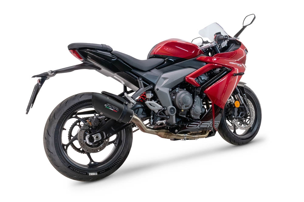 GPR exhaust compatible with  Triumph Daytona 660 2023-2025, New Grand Prix Evo Black Titanium, Homologated legal full system exhaust, including removable db killer 