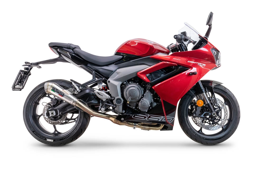Exhaust compatible with Triumph Daytona 660 2023-2025, Powercone Evo, full system exhaust legal for UK and non-EU countries including removable db killer 