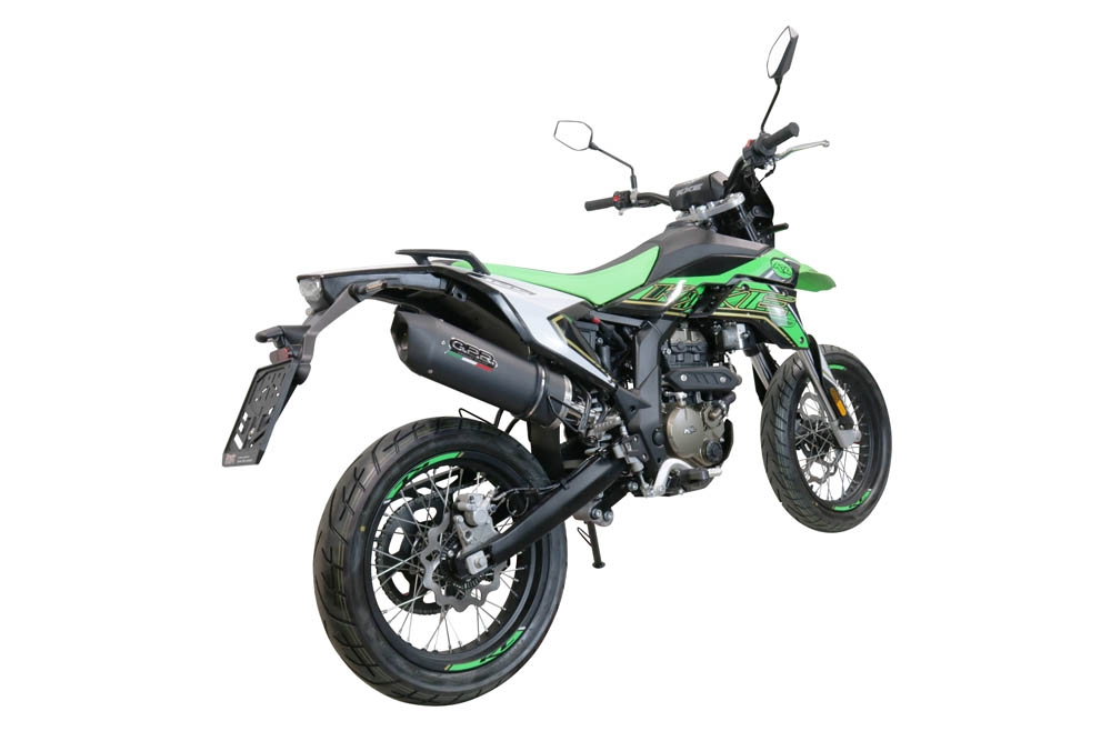 Exhaust compatible with KL MOTOR KXE 125 2022-2023, Furore Evo4 Nero, Slip-on exhaust legal for UK and non-EU markets including link pipe and removable db killer 