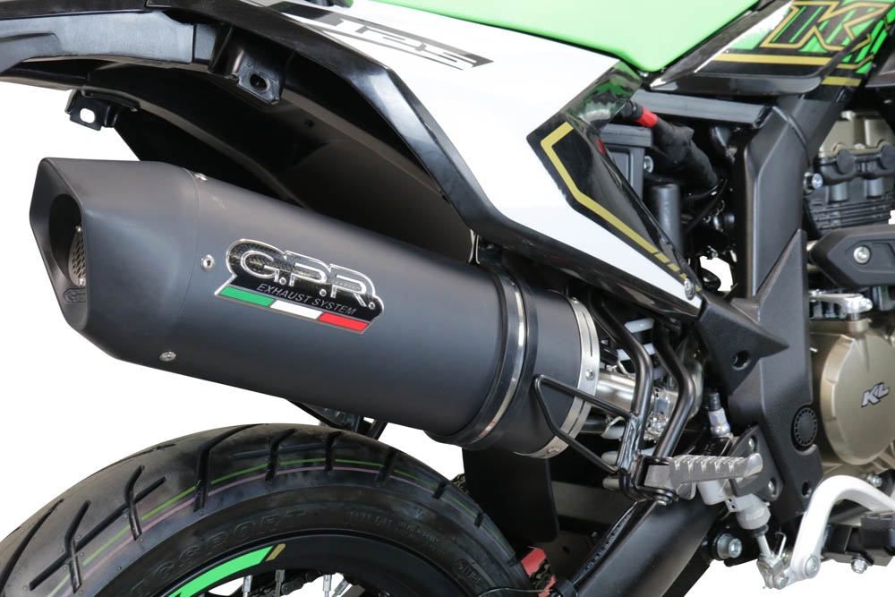 Exhaust compatible with KL MOTOR KXE 125 2022-2023, Furore Evo4 Nero, Slip-on exhaust legal for UK and non-EU markets including link pipe and removable db killer 