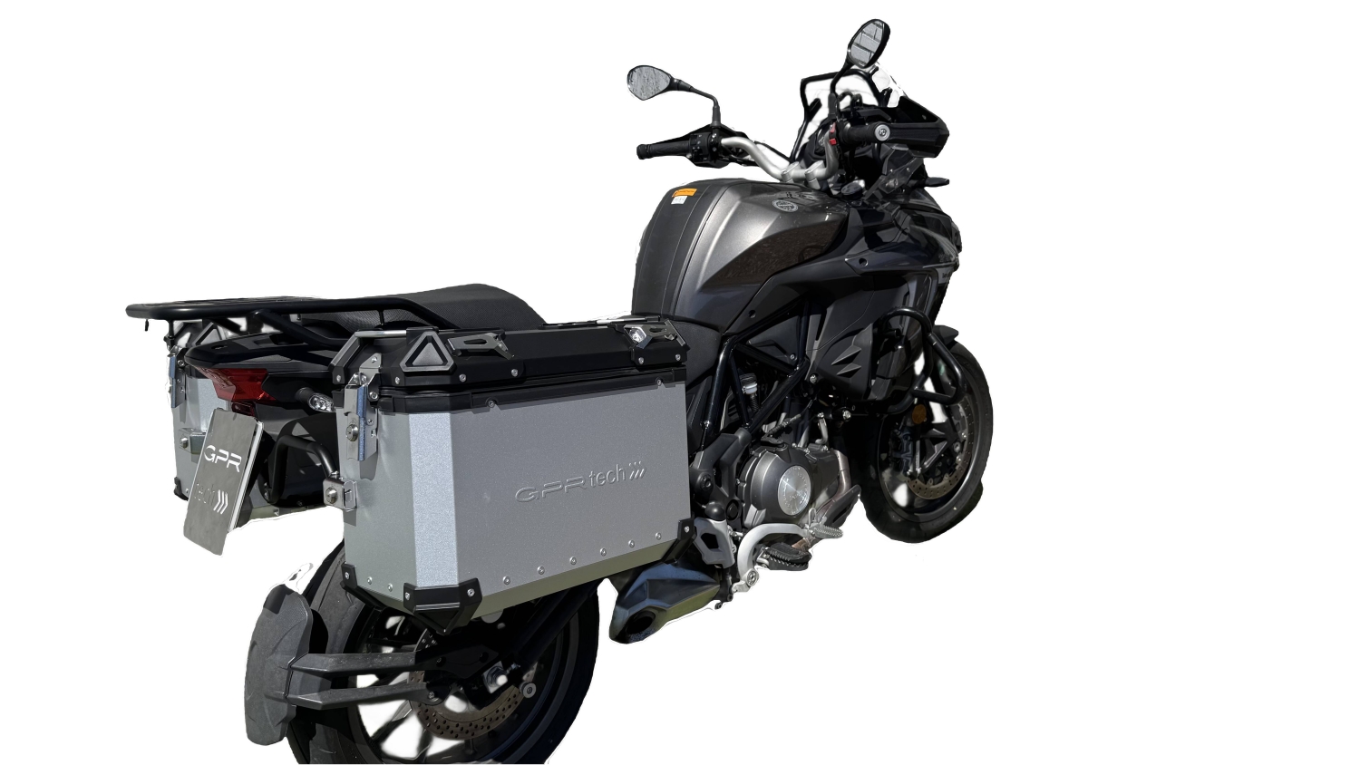 GPR TECH compatible with  Benelli Trk 502 X 2021/2024 e5 GPR TECH Pair of side cases aluminum made, silver color with specific pannier holder Capacity 38 LT. + 38 LT.