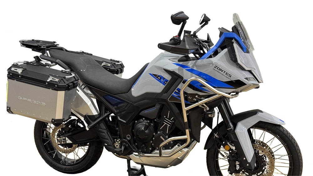GPR TECH compatibel met  Zontes 703 F 2025/2026 Konturlu sağ tarafı olan alüminyumdan özel çanta tutucusu ile gümüş rengi Kapasite 38 LT. + 38 LT.