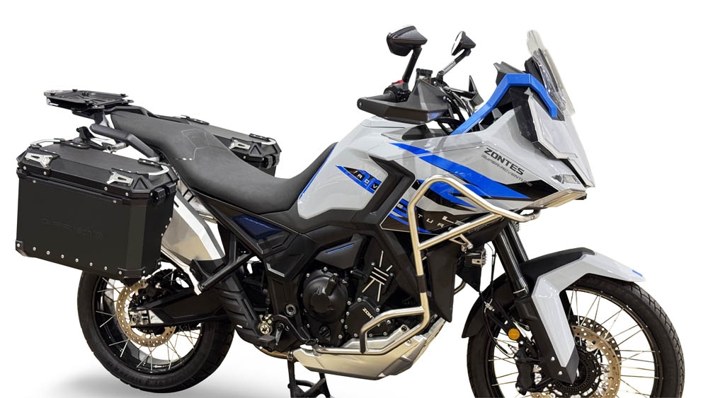GPR TECH compatibel met  Zontes 703 F 2025/2026 Konturlu sağ tarafı olan alüminyumdan özel çanta tutucusu ile siyah rengi Kapasite 38 LT. + 38 LT.